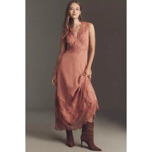 By Anthropologie V-Neck Lace-Panel Maxi Dress M